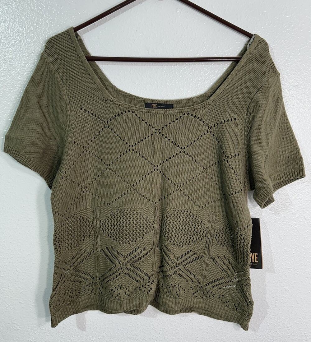 Frye Women’s XL Olive Green Pointelle Knit Short Sleeve Sweater Top NWT